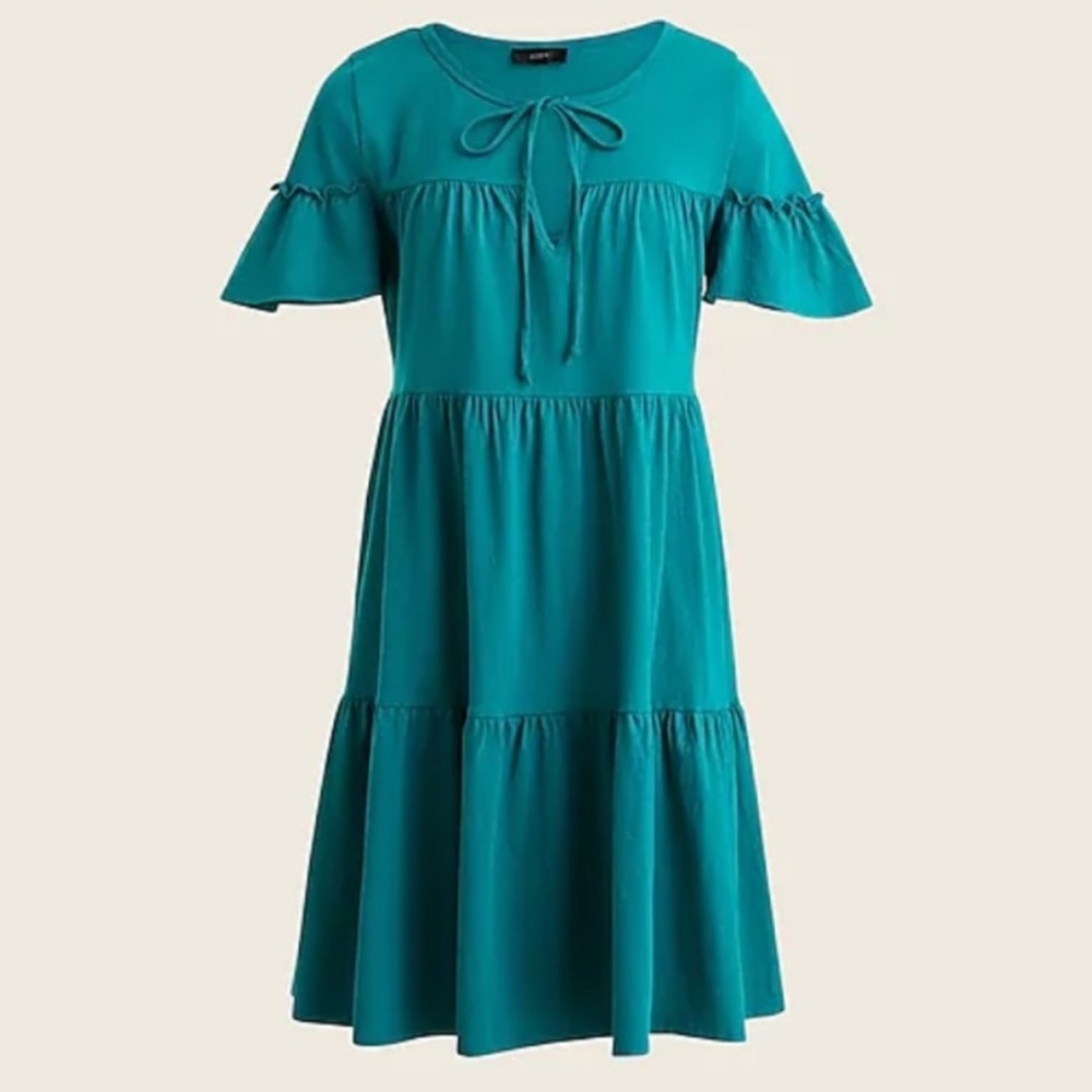 NWT J. Crew Broken in Jersey Tiered Dress in Teal Green, Size M